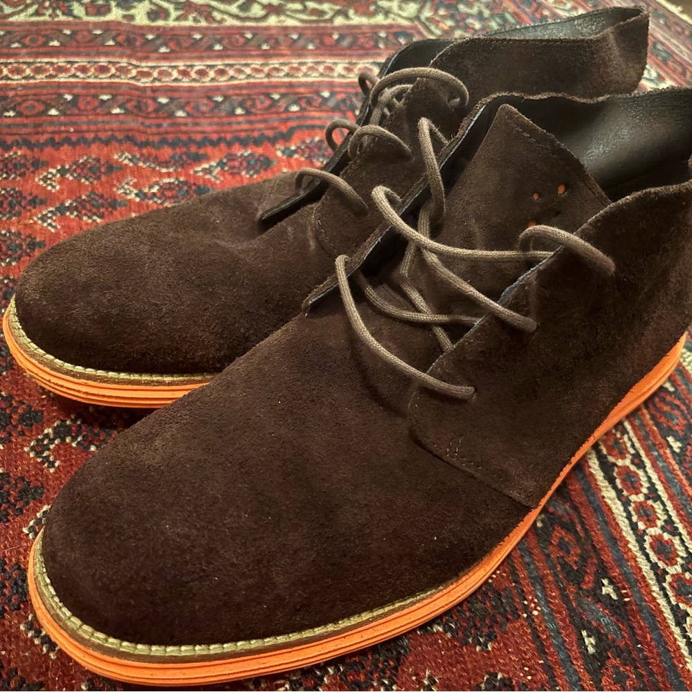 Cole Haan Brown Suede Chukka Boots with Bright Orange Sole